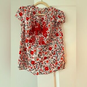 Style & Co. White Short-Sleeve Floral Tie-Neck Blouse with Red Flowers